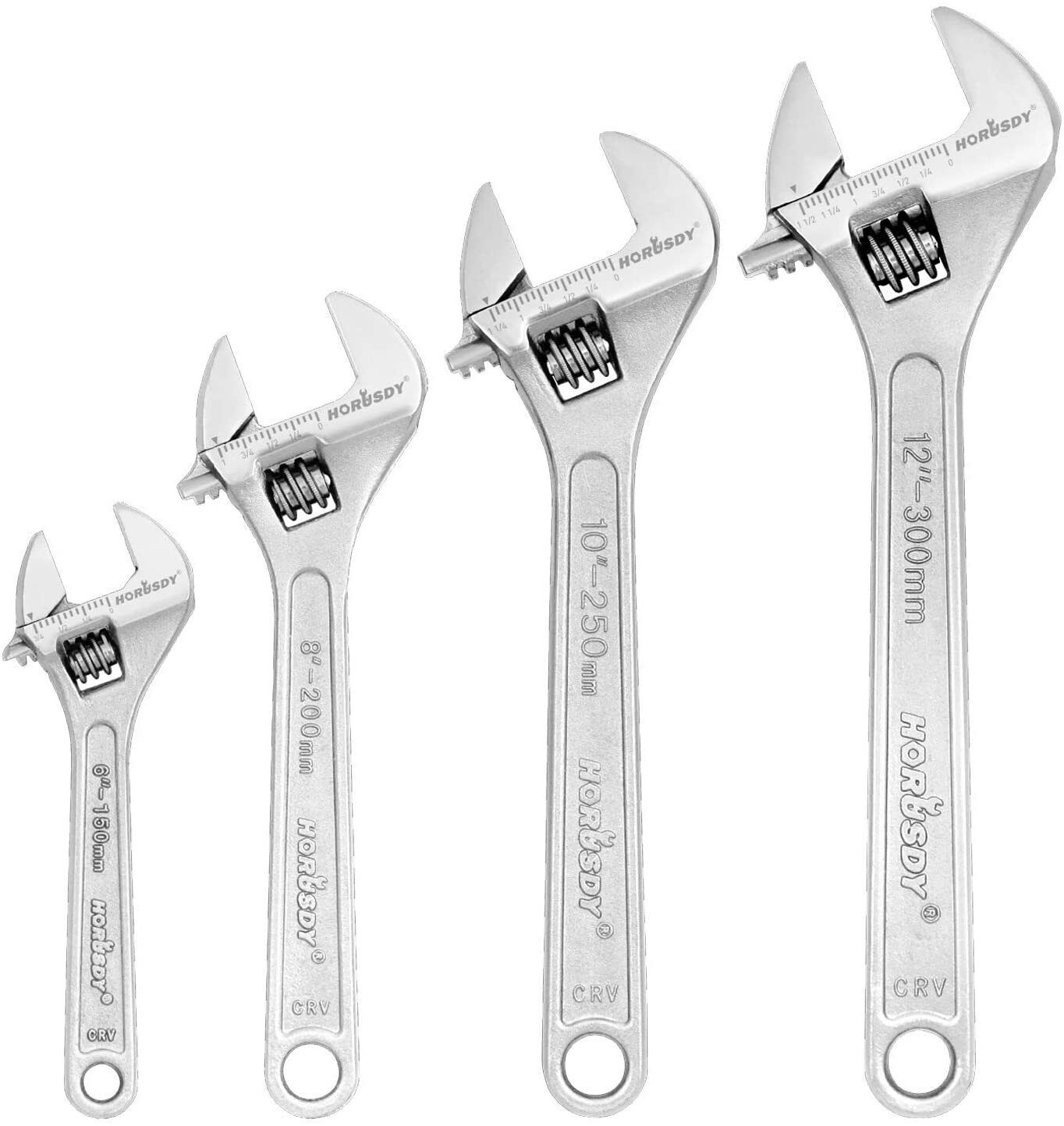 Four-piece set of adjustable wrenches in sizes 6", 8", 10", and 12" featuring heavy-duty construction and wide open jaws for versatile use