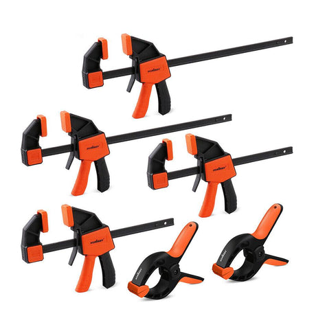 HORUSDY 8-Piece Bar and Spring Clamps Set with One-Handed Operation, ideal for Woodworking, featuring 6" and 12" Bar Clamps and 6" Spring Clamps