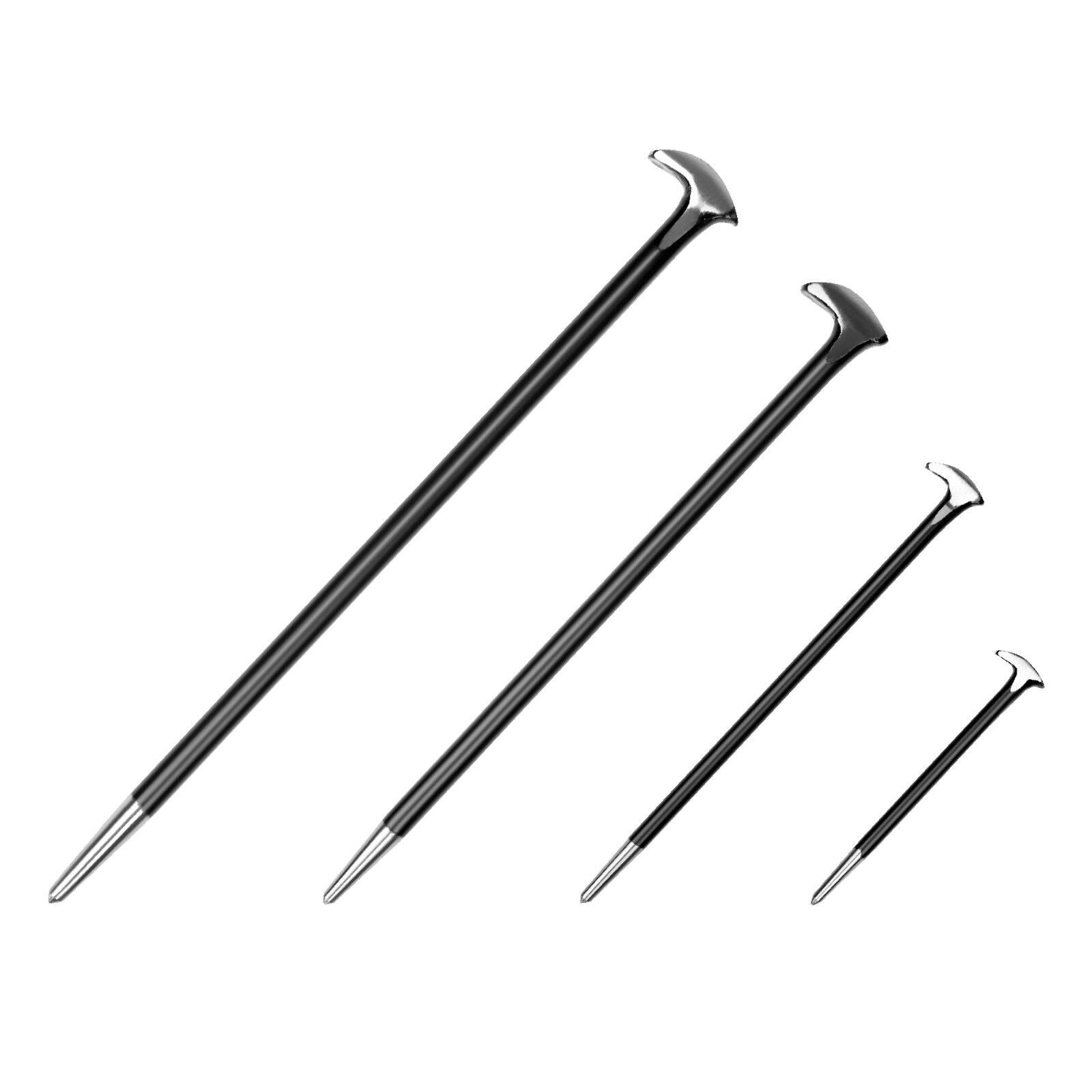 Set of four heavy-duty pry bars in various sizes, crafted from drop-forged hardened steel with a durable baked enamel finish. Each bar features a slim tapered end with a fine point tip for aligning parts and a rolling head hook end for enhanced leverage