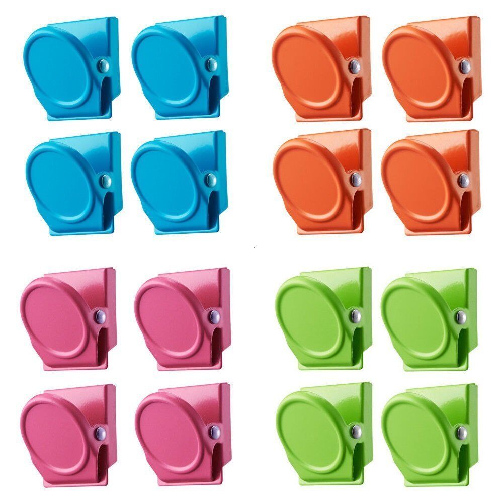 Colorful set of 16 magnetic spring clamps in green, pink, orange, and blue, perfect for holding notes on refrigerators or metal surfaces