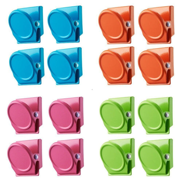 Colorful set of 16 magnetic spring clamps in green, pink, orange, and blue, perfect for holding notes on refrigerators or metal surfaces