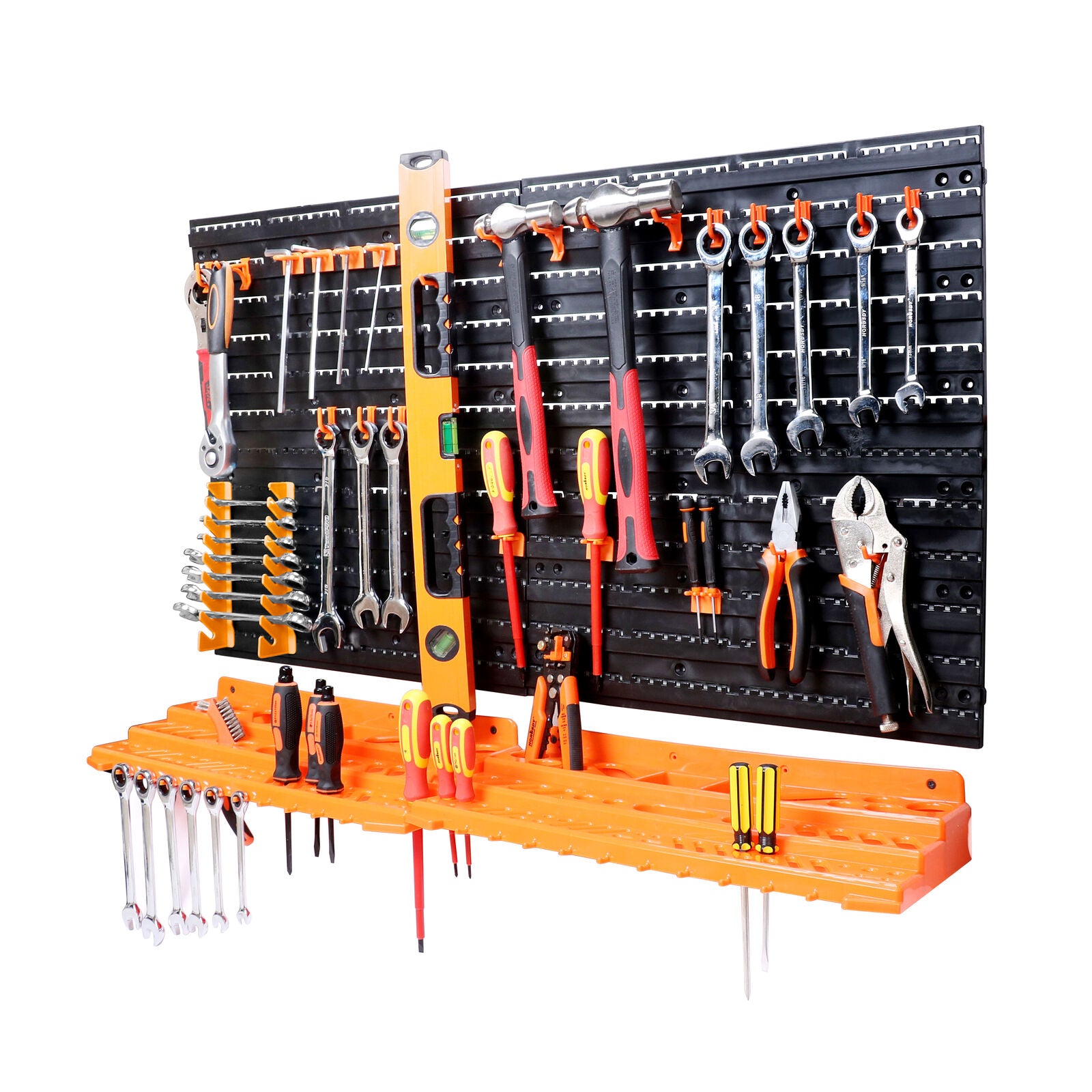Complete 52-Piece Wall Mounted Tool Storage Rack Kit - Includes Boards, Shelves, Spanner Holders, and Hooks for Organizing Tools