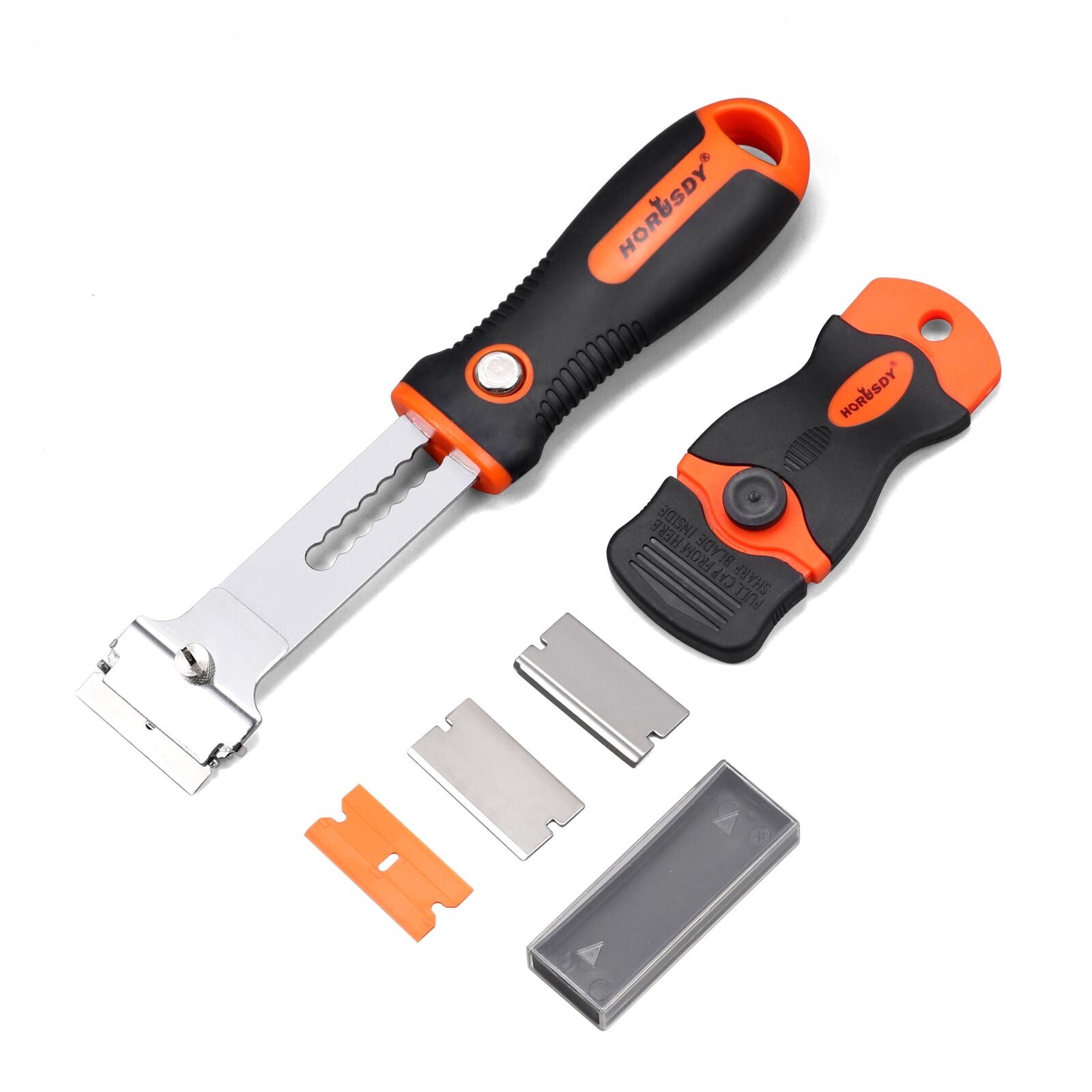 Multi-purpose razor scraper set with TPR handles and replacement blades for glass and decal cleaning.