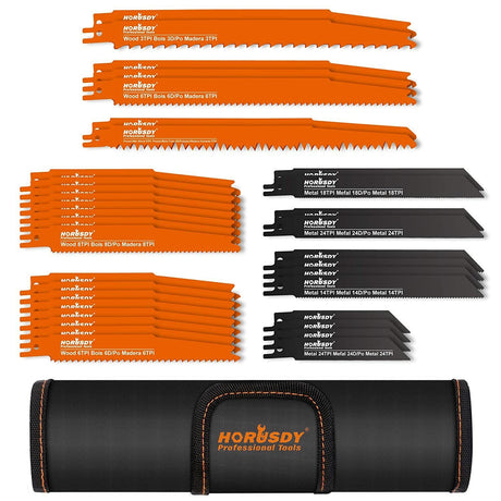 34-Piece Reciprocating Saw Blade Set for Wood and Metal Cutting, compatible with major brands.