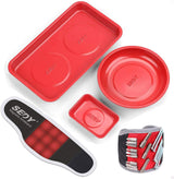 Four-piece Magnetic Parts Holder Set featuring a wristband and three trays in different sizes and shapes. Includes one mini rectangular tray, one large round bowl, and one large rectangular tray, all made of solid stainless steel with strong magnets for secure tool holding