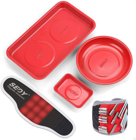 Four-piece Magnetic Parts Holder Set featuring a wristband and three trays in different sizes and shapes. Includes one mini rectangular tray, one large round bowl, and one large rectangular tray, all made of solid stainless steel with strong magnets for secure tool holding