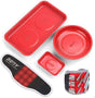 Four-piece Magnetic Parts Holder Set featuring a wristband and three trays in different sizes and shapes. Includes one mini rectangular tray, one large round bowl, and one large rectangular tray, all made of solid stainless steel with strong magnets for secure tool holding