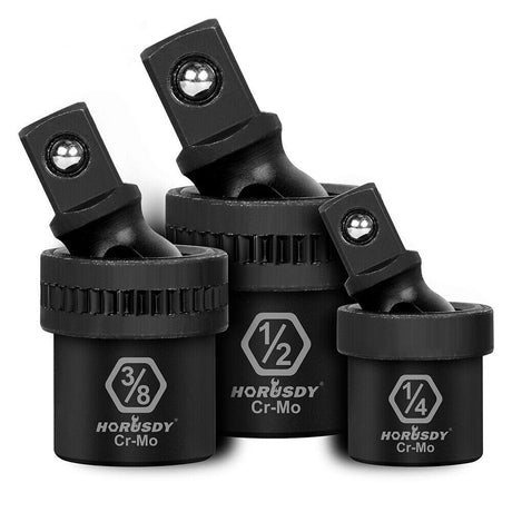  Image of the 3Pc Swivel Impact Socket Adapter Set, showcasing the 1/2", 3/8", and 1/4" adapters made from heat-treated black chrome molybdenum steel, with full 360-degree swivel motion and spring-loaded ball mechanism.