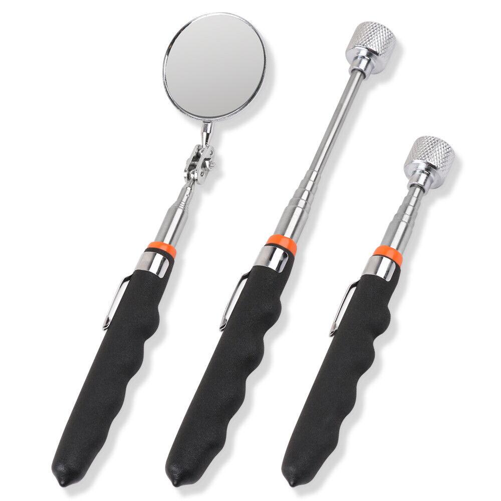 Heavy-duty 3-piece set featuring two telescoping magnetic pick-up tools and one inspection mirror, both with extendable rods for hard-to-reach areas.