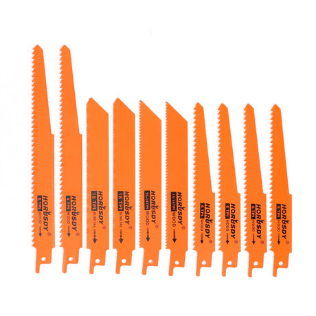 Multi-Pack of 10 Reciprocating Saw Blades for Wood and Metal Demolition Cutting, Including Bi-Metal and High-Carbon Steel Blades