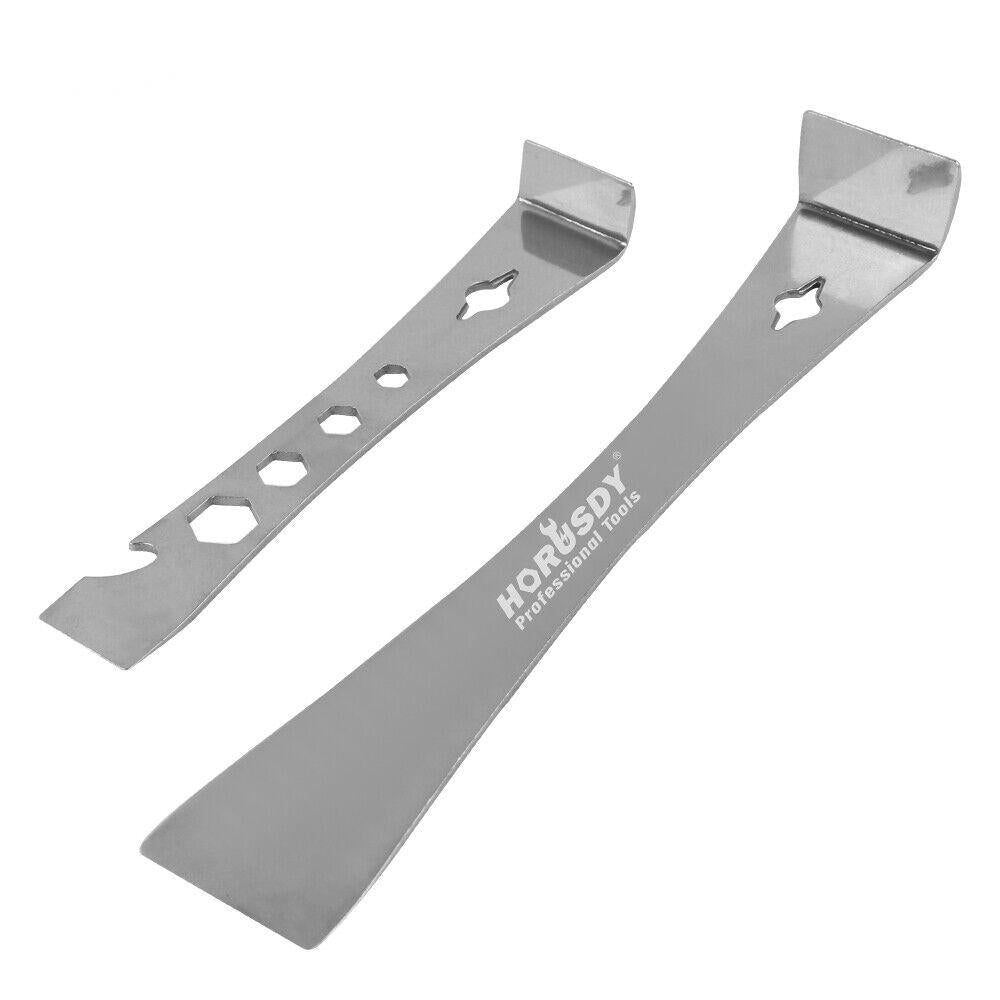 Durable stainless steel pry bars with hooked and flat ends for lifting, scraping, and prying.