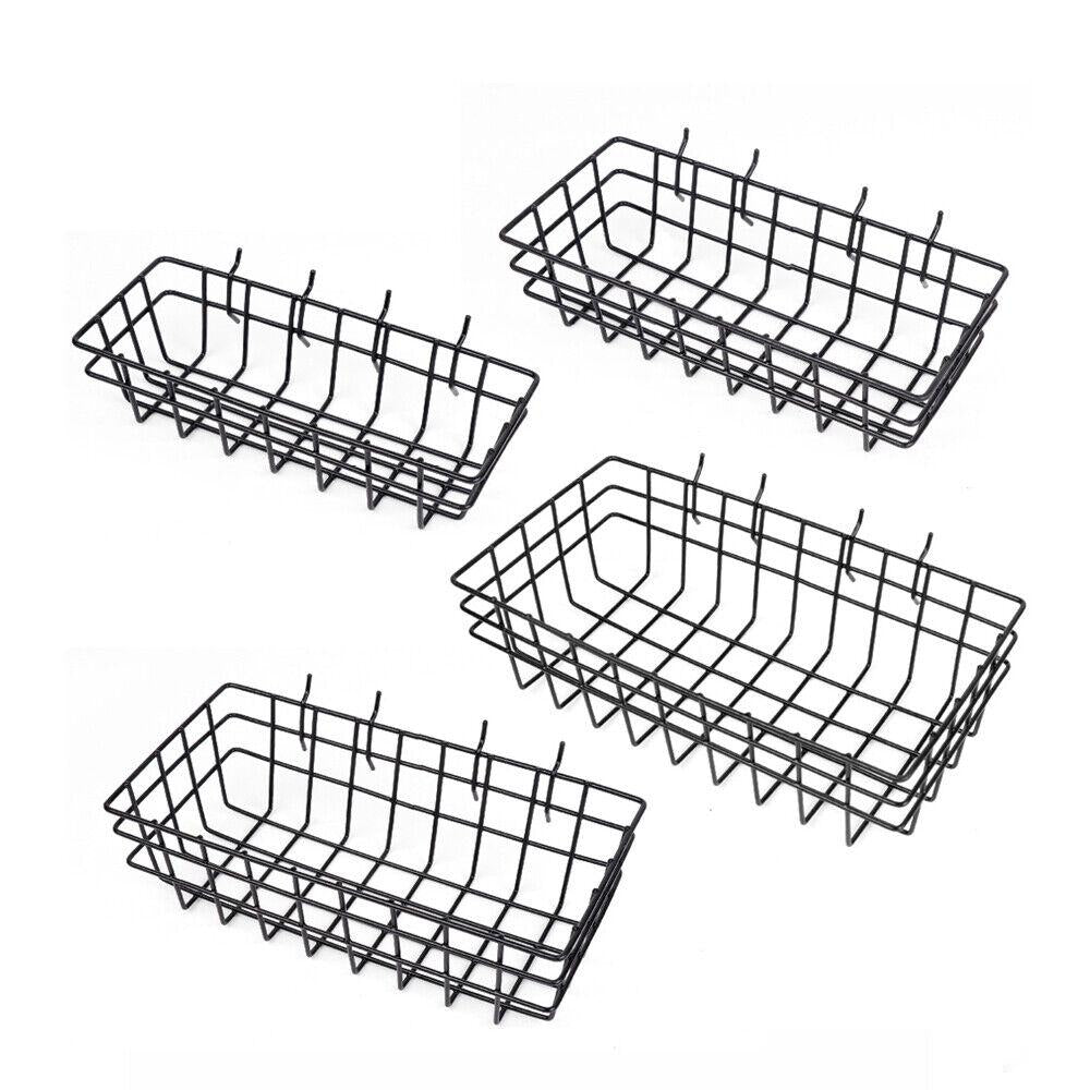 Set of 4 Pegboard Baskets in various sizes (S, M, L, XL), crafted from durable hardened steel with a chrome finish, offering strength, rust, and corrosion resistance. These baskets are designed for use with 1/8, 3/16, or 1/4 inch pegboards, ideal for organizing tools, paint brushes, extension cords, and sports equipment in garages, workshops, kitchens, and more