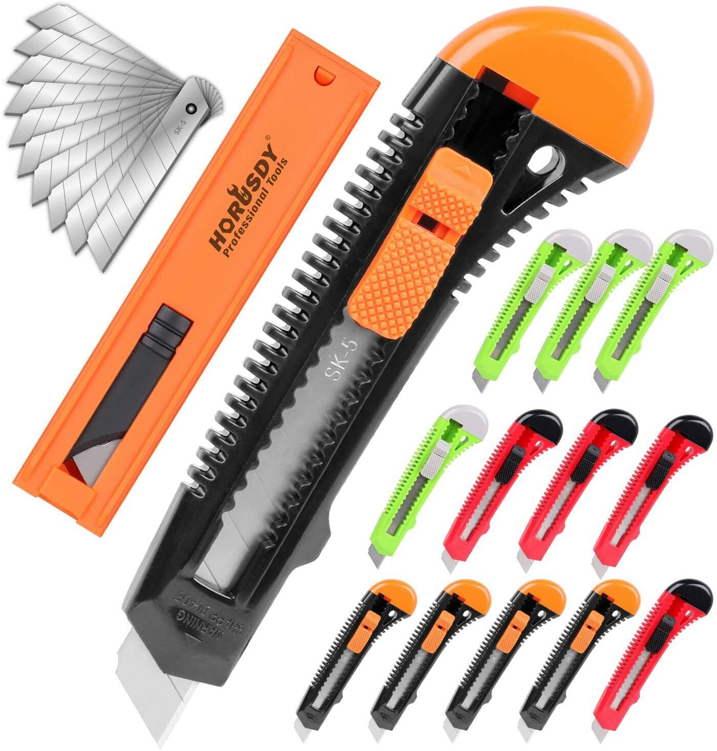 Diverse Set of 22 Retractable Utility Knives with Snap-Off Blades and 10 Additional Blades Included