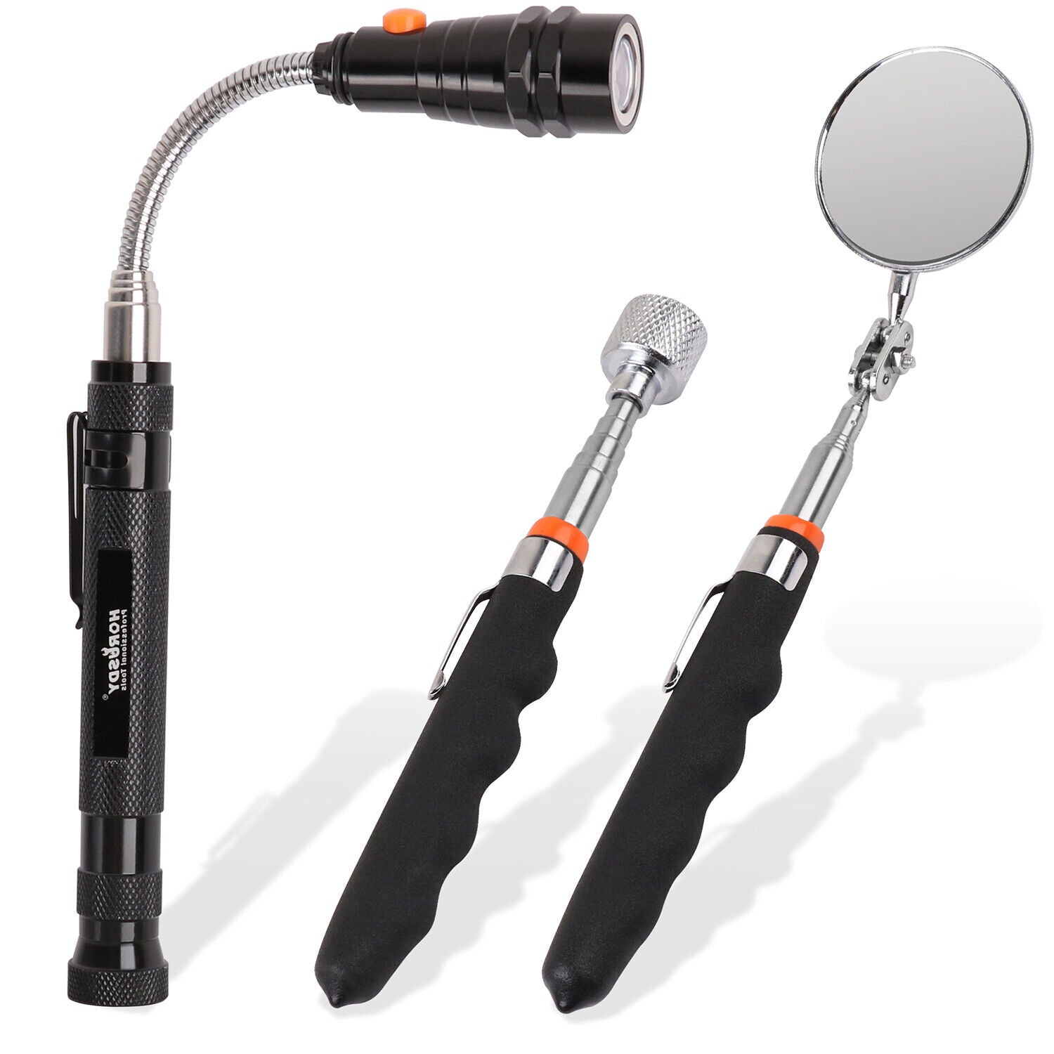 Three-piece magnetic pick-up and inspection tool set featuring a telescopic flashlight with LED, a magnetic rod, and a flexible swivel inspection mirror.