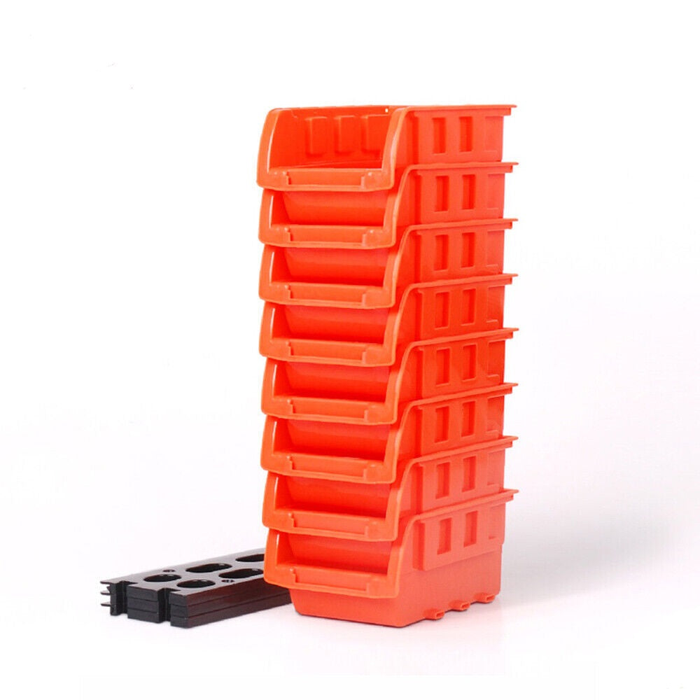 Robust Wall Mounted Bins Rack featuring 8 orange stackable plastic storage trays and 3 plastic racking, ideal for organizing small parts, tools, fishing tackle, and craft supplies. Designed to mount easily on pegboard, slot wall, or wooden studs, offering a versatile and space-saving solution for any workshop, garage, or hobby room