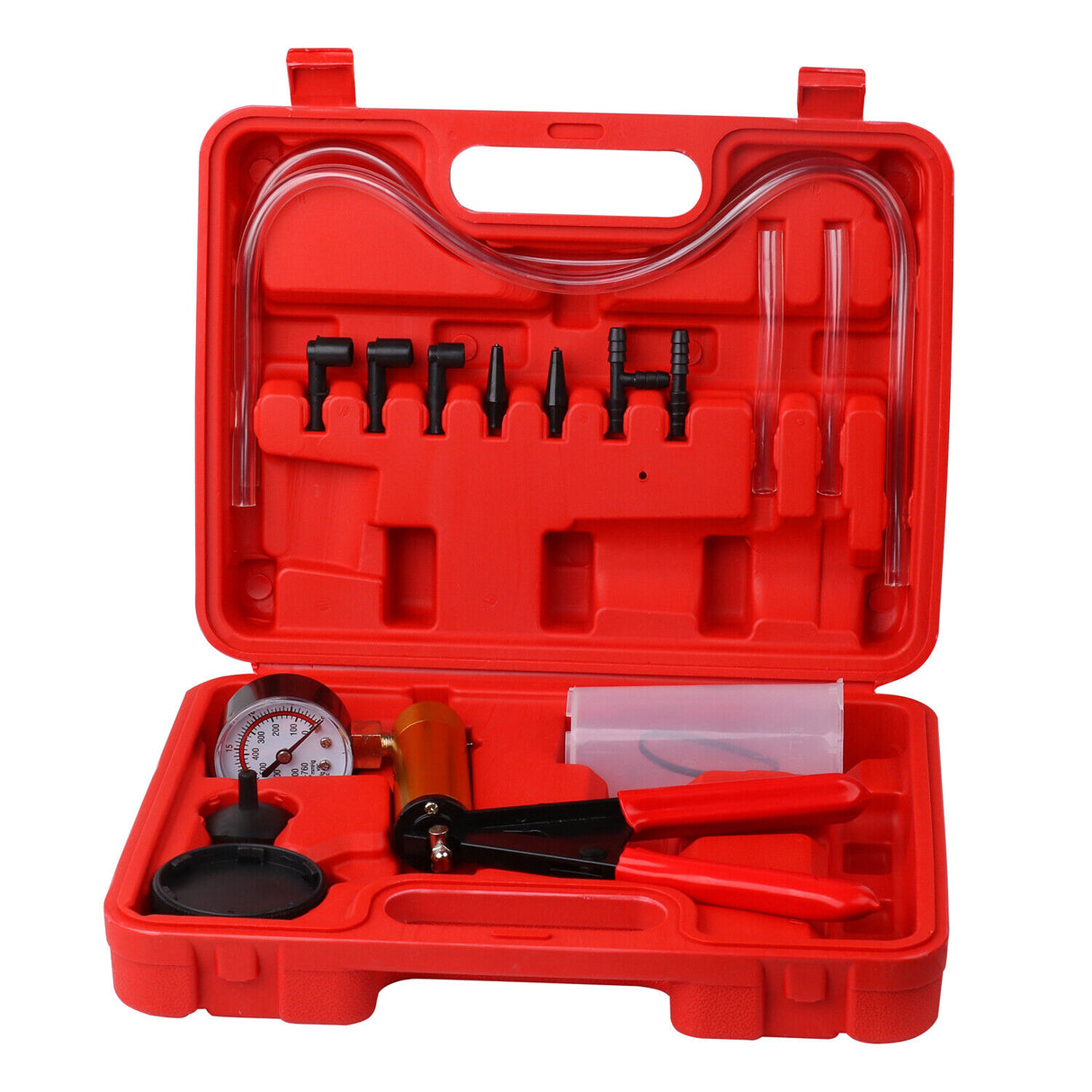 HORUSDY Hand Held Vacuum Pump and Brake Bleeder Kit, featuring Pressure Tester, Vacuum Gauge, and Multiple Adapters for Car and Motorcycle Brake Systems, with 120ML Capacity and Durable Design