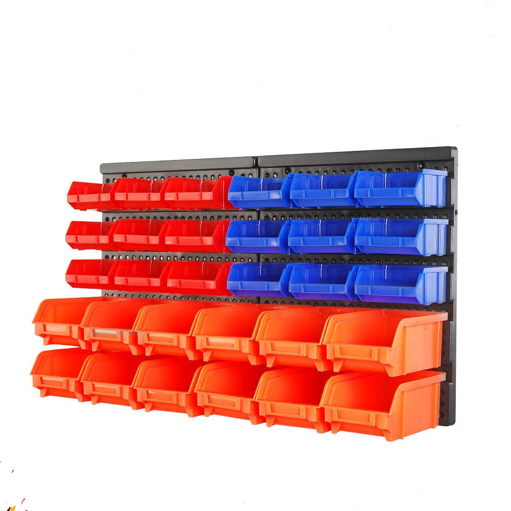 Wall-mounted storage bins rack with 30 durable bins in various colors for organized workshop and garage storage.