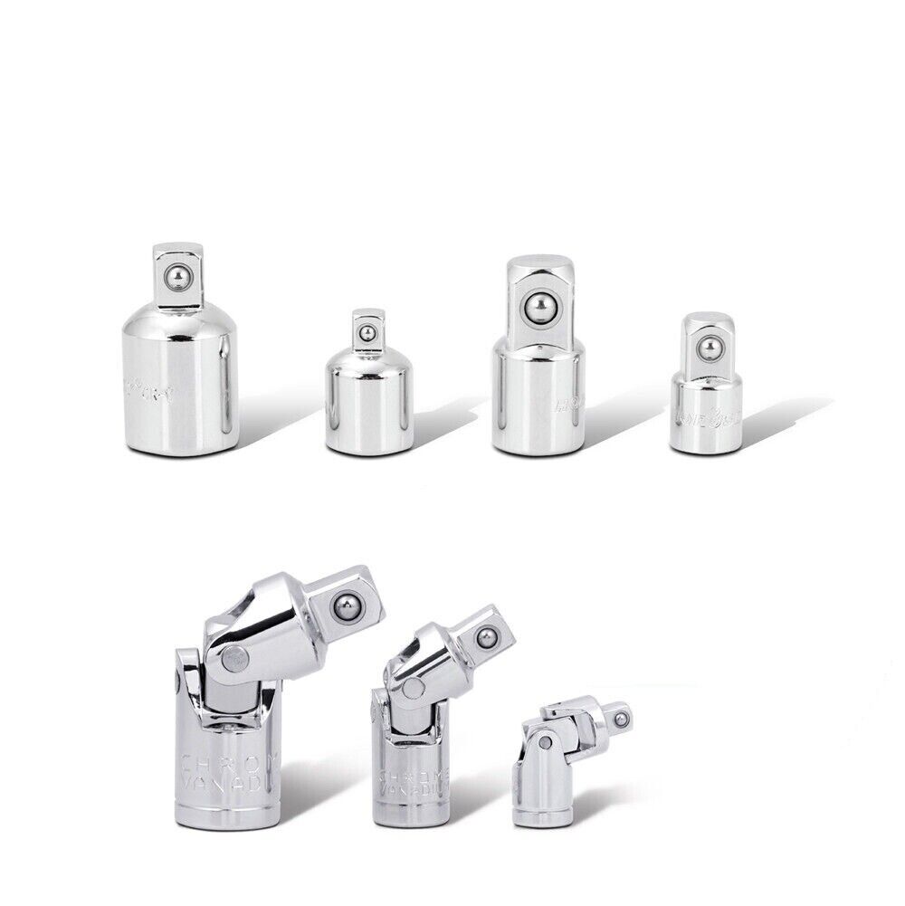 Versatile 7-Piece Socket Adaptor Set - Includes Flexible Adaptors and Reducers for 1/4", 3/8", 1/2" Drives with 360 Degree Swivel Action