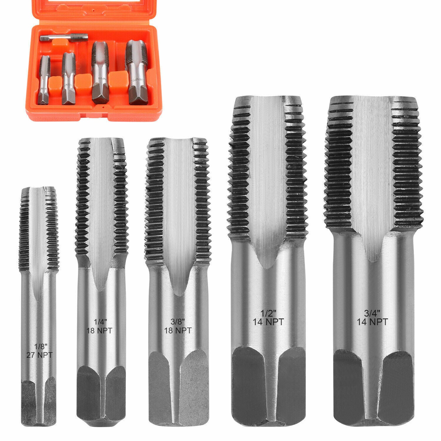 HORUSDY 5-Piece Taper NPT Tap Set for Pipe Threading, Sizes 1/8" to 3/4", Durable Carbon Steel Construction