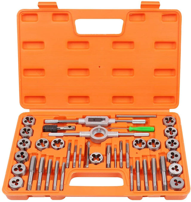 Comprehensive 40 Piece Tap and Die Set in Imperial SAE Measurements with Screwdriver Thread Drill and Pitch Gauge
