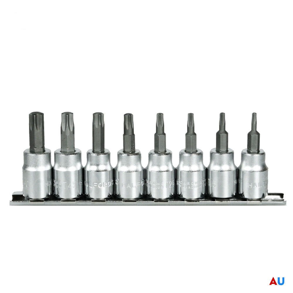 Durable 8-Piece Torx Bit Socket Set with Sizes T15-T50 - 3/8" Drive, Tamper Proof, Chrome Vanadium Steel, Includes Rail Holder