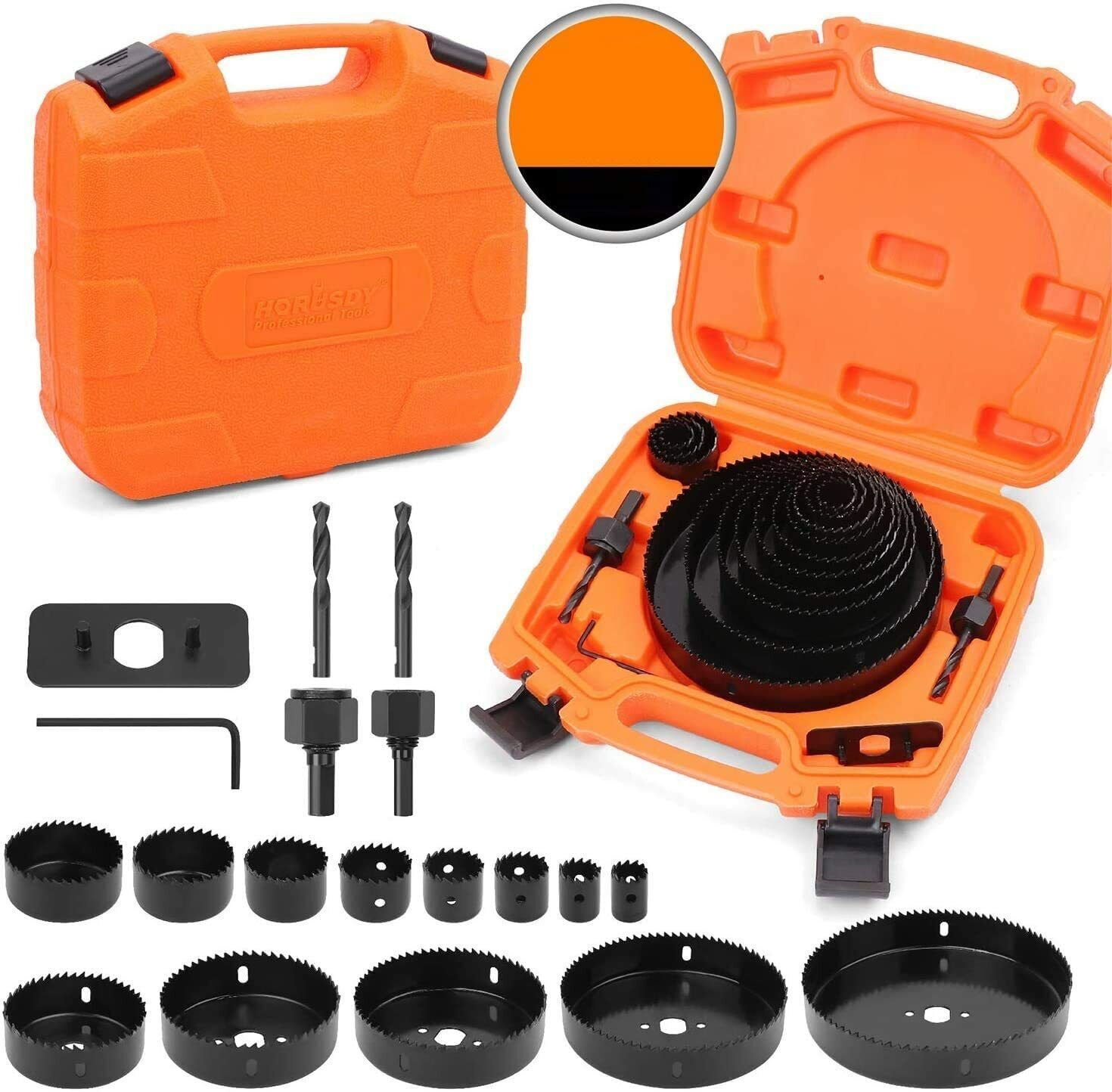 Durable 19-piece hole saw set with carbon steel construction, designed for cutting soft wood, PVC, and gypsum boards, ranging from 19mm to 152mm in size.