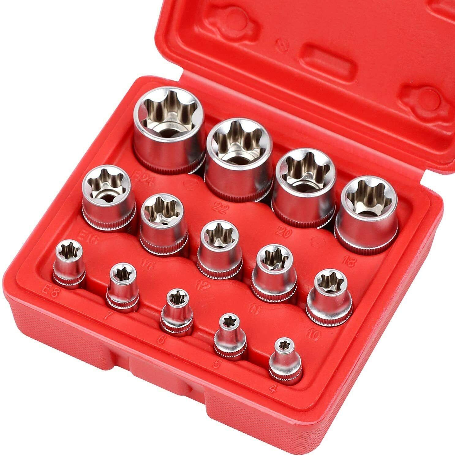 Complete 14-Piece E Torx Socket Set Ranging from E4 to E24 in Durable Chrome Vanadium Steel with Case