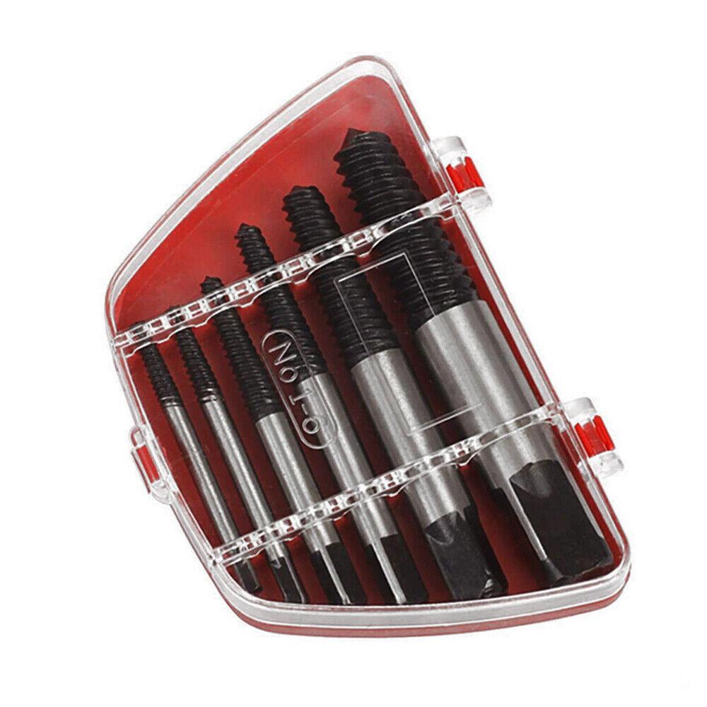 Heavy-duty 6Pc Damaged Screw Extractor Kit designed for easy removal of stripped, rusted, or broken screws and bolts. Includes reverse thread bits in various sizes with durable black oxidation finish.