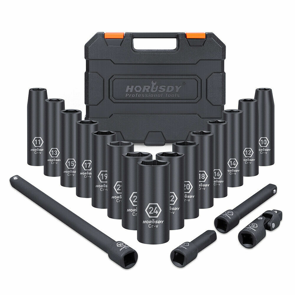 Durable 19-piece deep impact socket set with extensions and flexible adapter, made from chrome vanadium steel, in sizes 10-24mm for versatile use