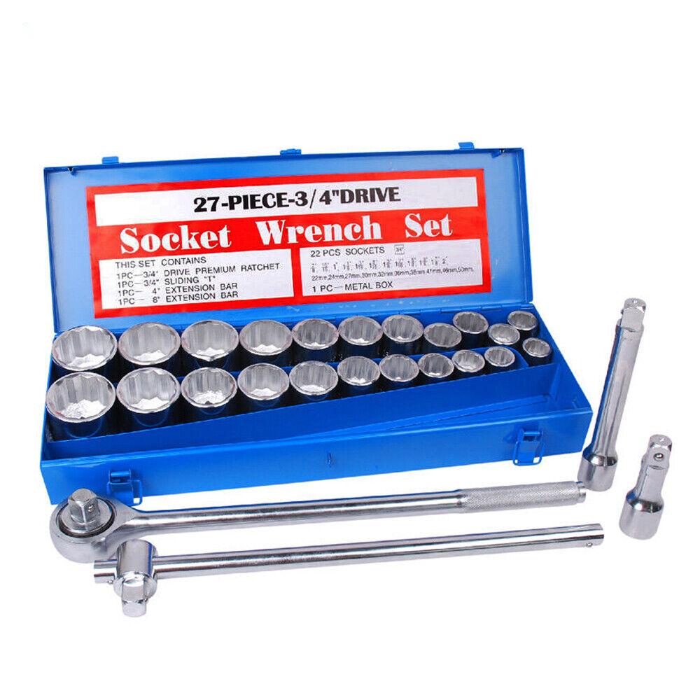  Comprehensive 27-piece heavy-duty socket and wrench set with 3/4" drive in both metric and imperial sizes, including ratchet, sliding T-bar, and extension bars in a durable steel case.