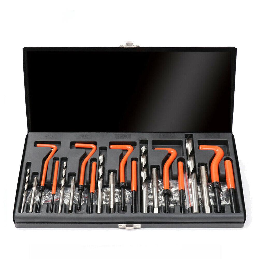 Complete 131-Piece Metric Thread Repair Kit with HSS Drills, Helicoil Inserts, and Tools in a Metal Case