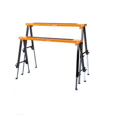 Pack of 4 Mastercraft metal sawhorses with anti-slip work surfaces and foldable design.