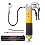 Durable 18-inch grease gun with a pistol grip, flexible hose, and an 8000 PSI pressure capacity, including a 14 oz grease cartridge and nozzles