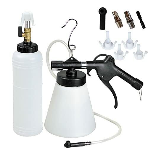 1-Liter Pneumatic Brake Fluid Bleeder Kit with various master cylinder adapters and refill container for efficient one-person brake maintenance.