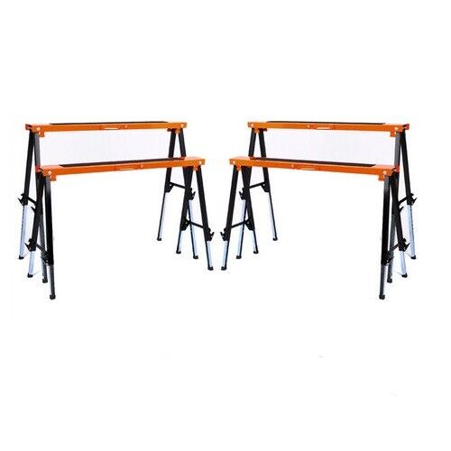 Four-piece Mastercraft Sawhorse Set, featuring a sturdy metal folding design with non-slip surfaces, ergonomic handles, and crossing braces for stability. Each sawhorse measures 100(L) x 50(W) x 65-92(H) cm and supports up to 120 kg.