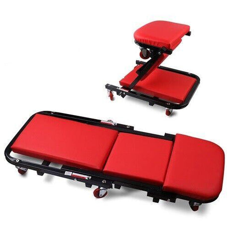 HORUSDY Convertible Z Creeper Seat in Black and Red, 100cm Length, Stainless Steel Frame with Leather Padding, Swivel Casters, for Mechanics and Workshop Use