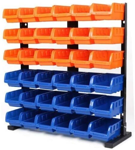 Wall-mounted bin storage rack with 36 detachable bins for organized workshop tools and accessories.