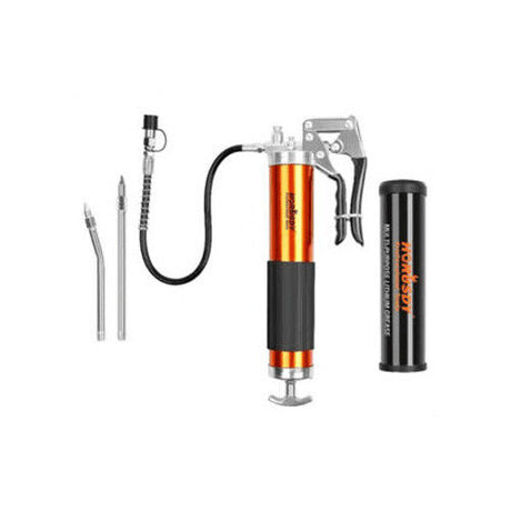 Durable 7000PSI Grease Gun Kit - Features Solid Steel Barrel, Rubber Sleeve, 18" Flex Hose, and 14.1 oz Cartridge for Efficient Lubrication