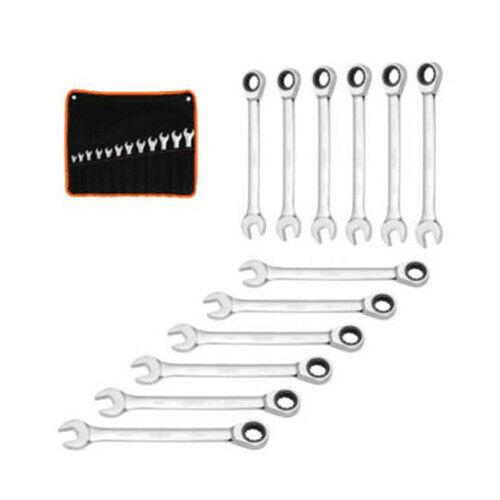 Complete 12-Piece Metric Ratchet Spanner Set in Sizes 8-19mm Made of Chrome Vanadium Steel, Including a Convenient Rolling Bag