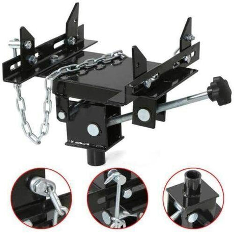 Sturdy 500KG Transmission Jack Adapter in black, featuring an adjustable saddle, corner brackets for universal fit, safety chains, and an automatic release valve. Constructed from heavy-duty steel for maximum durability