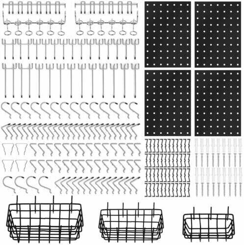 HORUSDY 127-Piece Pegboard Organizer Set with 4 Metal Boards, 3 Baskets, 120 Hooks in 12 Types, Chrome Finish, Rust-Resistant for Tool Organization