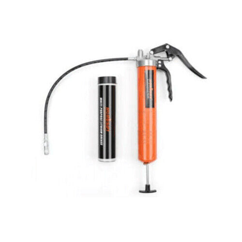 Manual 18-inch grease gun with a comfortable pistol grip lever, chrome-plated for durability, including a flexible hose and coupler with 4500PSI pressure