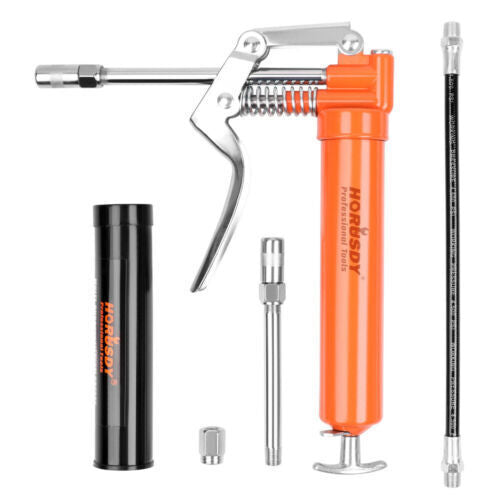 Versatile 2-way mini grease gun with a chrome finish, manual pistol grip, and accessories, including a 3OZ cartridge and flexible hoses