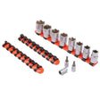 Three-piece mixed socket holder set for 1/2", 3/8", and 1/4" drive sockets, featuring spring-loaded ball bearings for secure holding.
