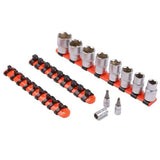 Three-piece mixed socket holder set for 1/2", 3/8", and 1/4" drive sockets, featuring spring-loaded ball bearings for secure holding.